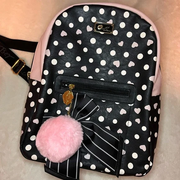 Betsey Johnson Pink Black Heart Polka Dot Backpack BETSEY JOHNSON Backpack Tie The Knot Quilted Hearts Nylon  main image 4